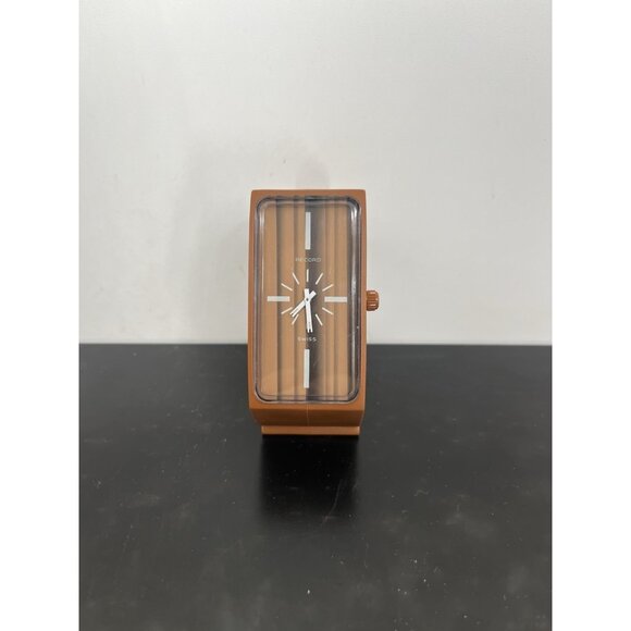 VTG Record Swiss Handcuff Watch Chestnut Brown Stripe Detail Not Working - Picture 1 of 8